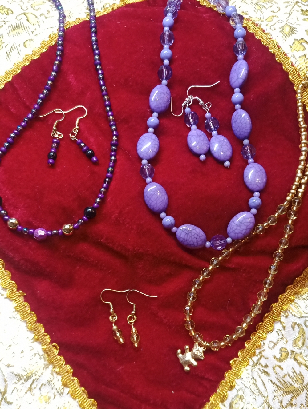 Bundle Of Handcrafted Purple And Gold  Beaded Necklace and Earring Jewelry Set
